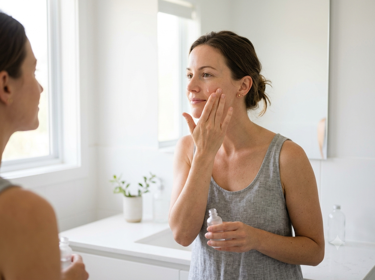 Woman applying skincare serum in a bright bathroom — skin and beauty guides covering acne, dark spots, anti-aging and skin barrier health