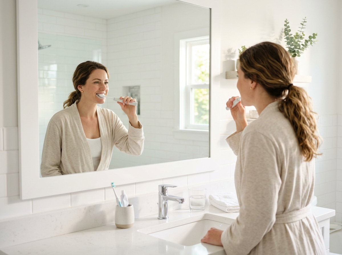 Woman brushing teeth in bathroom — the real causes of bad breath mouthwash cannot fix