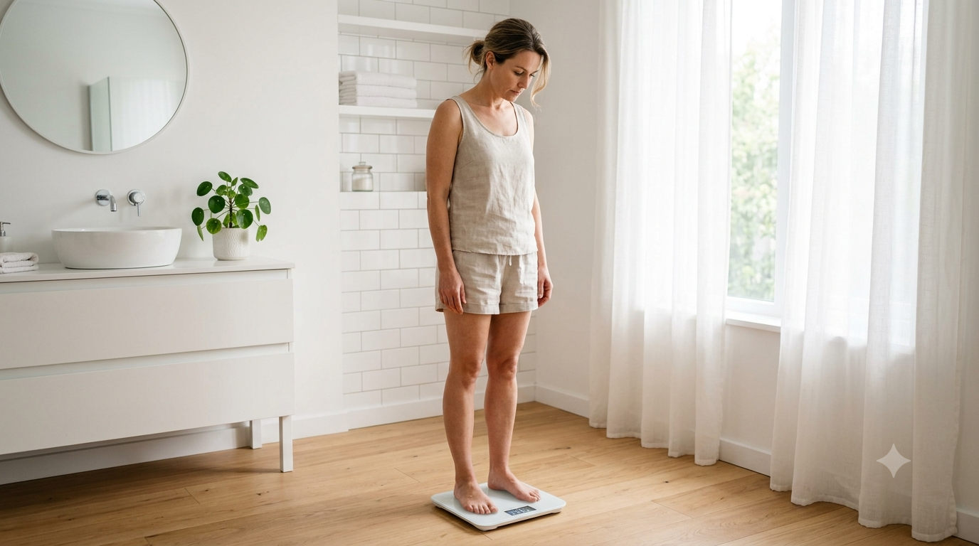 Woman on weighing scale in bathroom — the 6 hidden blockers stopping weight loss
