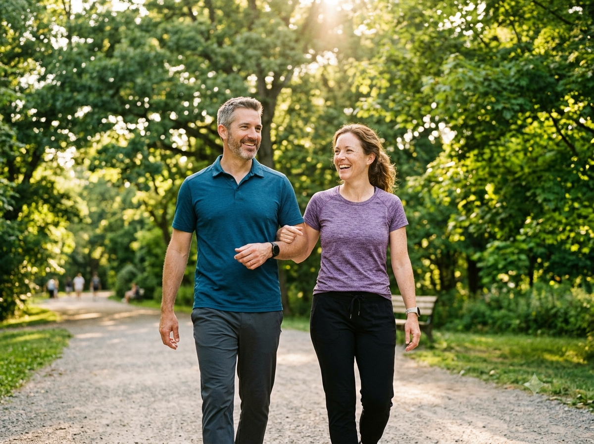A healthy couple walking together outdoors in a park — health and wellness guides covering fatigue, weight loss, gut health and joint pain relief