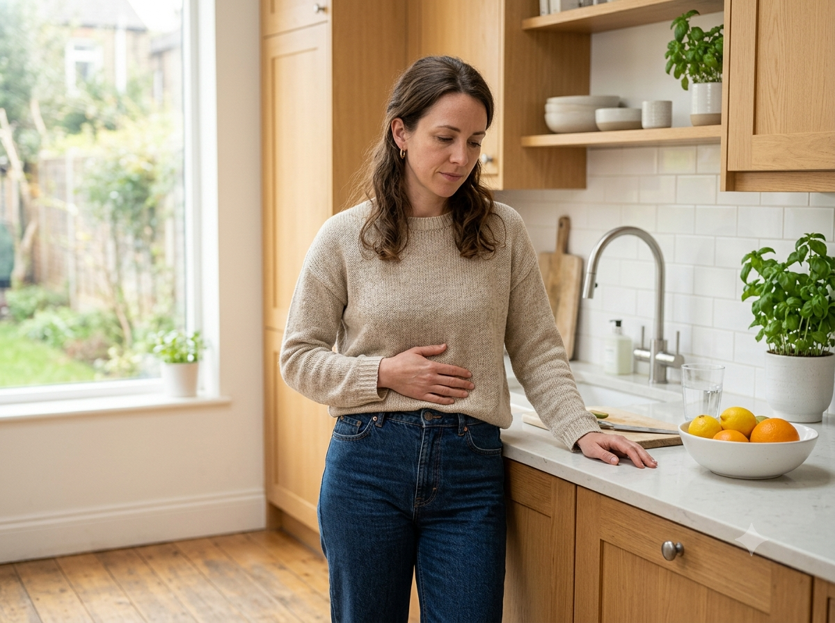 Woman with hand on stomach in kitchen — gut health warning signs most people ignore