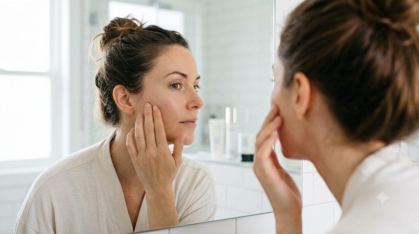 Woman examining skin in mirror — dark spots treatment ranked by clinical evidence